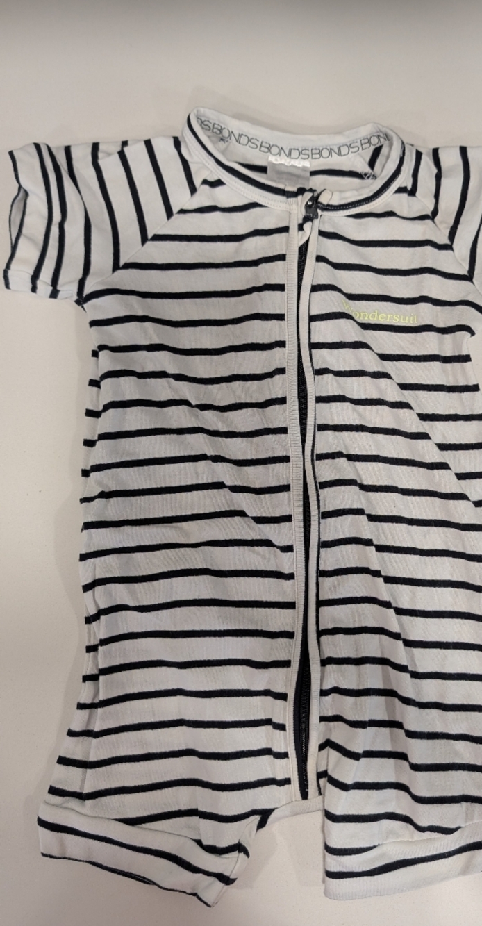 Bonds White Romper with Black Stripes 6-12m